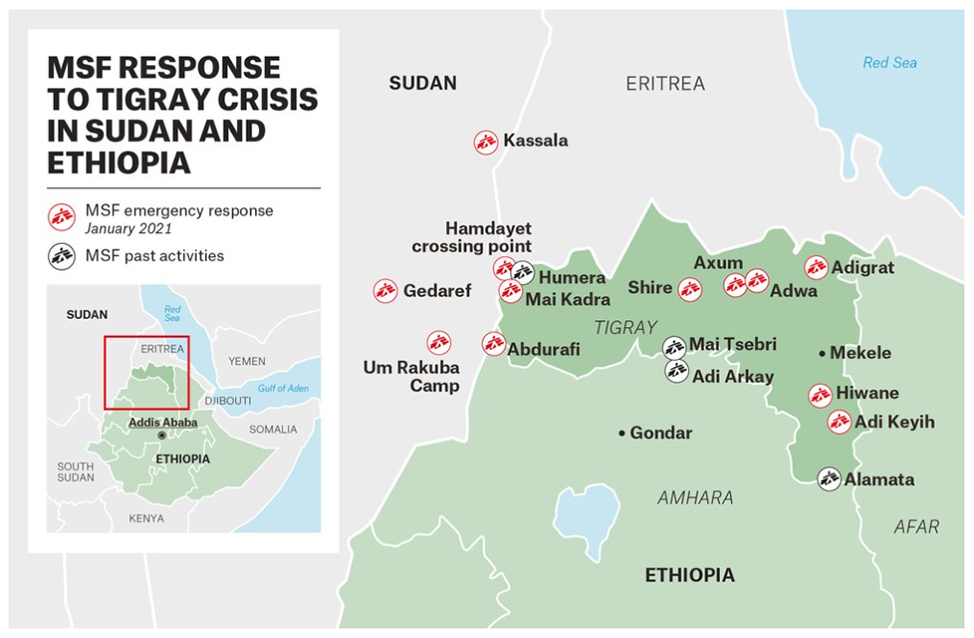 A map of MSF’s response to the Tigray Refugee crisis in Sudan and Ethiopia. Source.