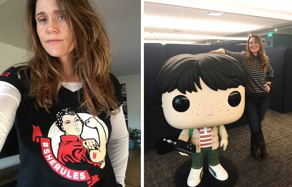 Phillipa in her Netflix ‘Computing With A Strong Female Lead’ shirt (left) and with an oversized FUNKO Pop! figurine of Mike from Stranger Things.