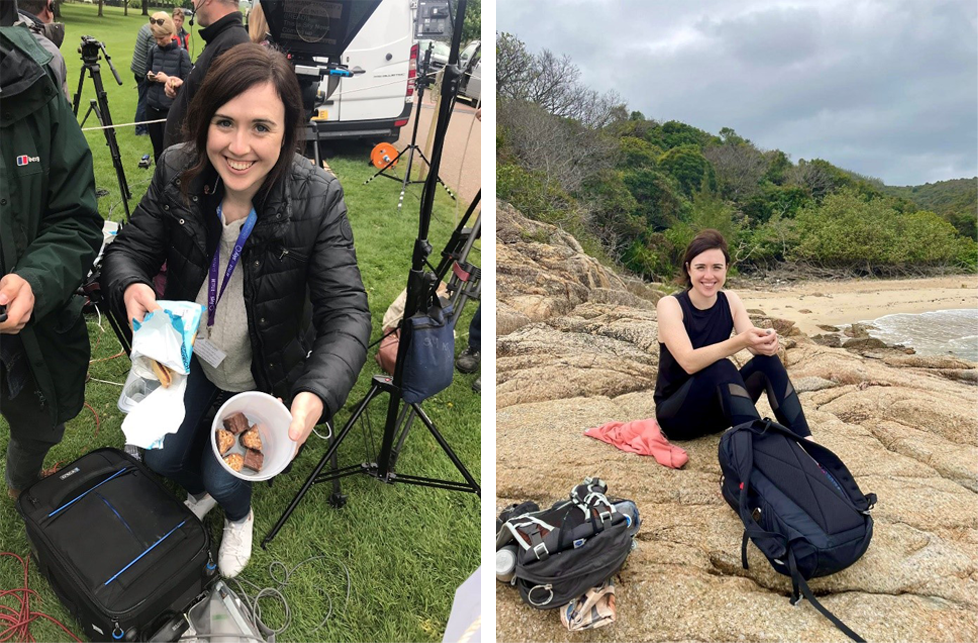 Lauren (left) at Windsor after Prince Louis was born, “always bring snacks to a live broadcast”, and (left) during a hike in Hong Kong more recently