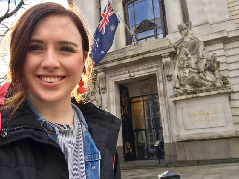 Lauren Waldhuter in front of Australia House in London