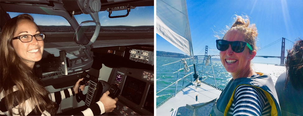 Cassie in a flight simulator (left) and heading toward the Golden Gate Bridge with the NASA Ames Sailing Club (right)