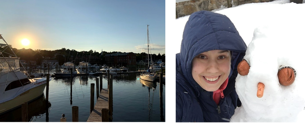 Mystic River in Mystic, Connecticut Jessica’s new hometown (left) and experiencing her first “nor’easter” during my first New England winter in 2018 (right).