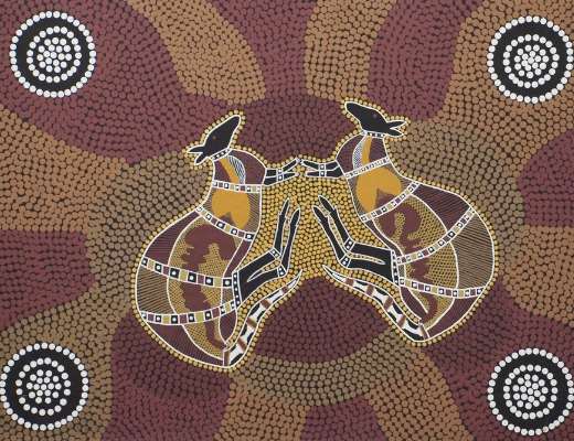 Aboriginal art depicting kangaroos in Australian landscape