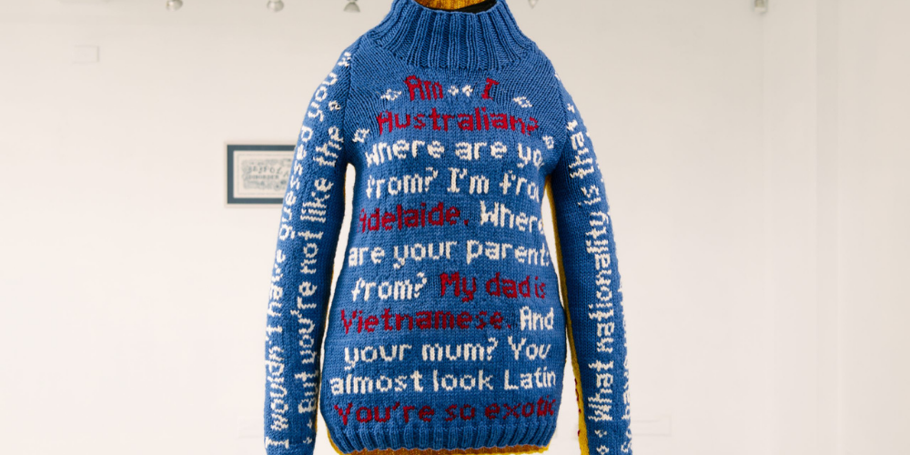 Makeda Duong, Mixed Race Sweater, Hand Knitted Merino Wool, Dimensions Variable 2020, Photo Credit, Morgan Sette