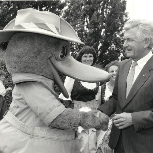 Prime Minister Bob Hawke at the launch of Expo '88 with the Expo mascot Expo Oz, 20 February 1987 (RH24/F339/6), photograph courtesy of the National Archives of Australia (NAA A6180).