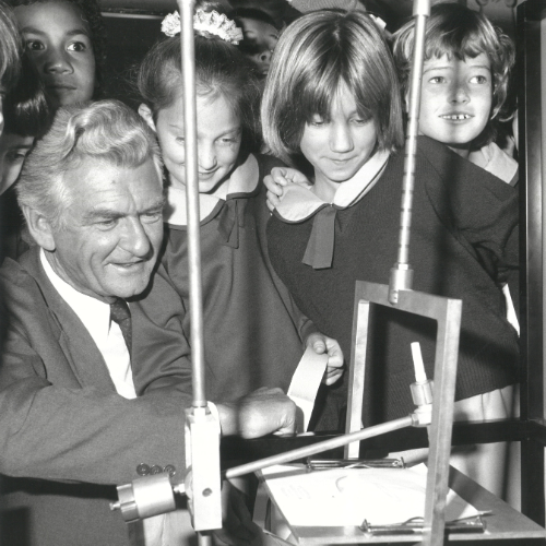 Image: Prime Minister, Bob Hawke with school children at the opening of Questacon Science Display in March 1987 (NAA: A6180, 10/3/87/8). Image courtesy of the National Archives of Australia, digitised from photographs in the Bob Hawke Collection.
