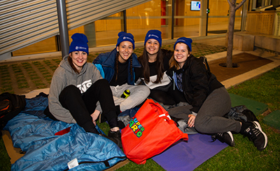 UniSA students participating in the 2018 UniSA Community Sleepout in Hoj Plaza, City West campus. 