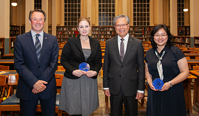 UniSA Deputy Vice-Chancellor: Research and Innovation Professor Simon Beecham, Dr Marnie Winter, SA Governor Hieu Van Le AC and Dr Jia Tina Du at the Young Tall Poppy of Science Awards on 29 July.