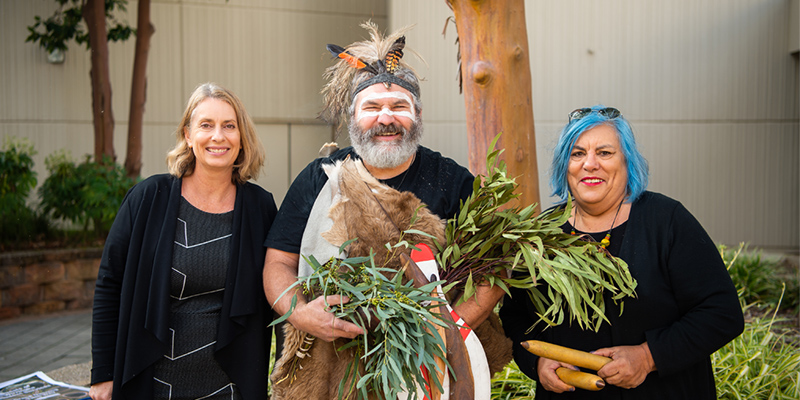 (L-R) Pro Vice Chancellor: Education, Arts and Social Sciences Professor Joanne Cys, Senior Kaurna Man Mickey Kumatpi O’Brien and Aboriginal Student Engagement Officer Anna Strzelecki at the opening of the Magill facilities.