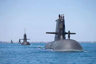 Collins Class Submarines, HMAS Collins, HMAS Farncomb, HMAS Dechaineux and HMAS Sheean in formation while transiting through Cockburn Sound, Western Australia. Photo by Royal Australian Navy.