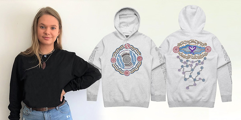 The artwork on the Australian Indigenous Mentoring Experience (AIME) hoodie design for 2019 was designed by former UniSA AIME mentee Iteka Ukarla Sanderson-Bromley.