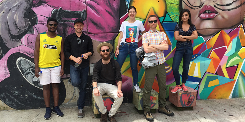 UniSA students Bakari Kyemo, lecturer and tour co-leader Joti Weijers-Coghlan, Jake Shaw and Graeme Theissen with locals in Colombia. 