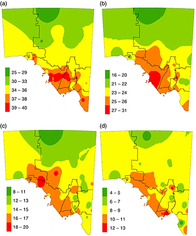 Total number of drought events (based on the Standardised Precipitation Index) at time scales of (a) 3 months, (b) 6 months, (c) 12 months and (d) 24 months.