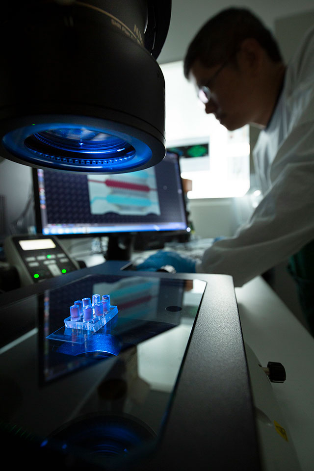 Microfluidic cell culture chip: UniSA bioengineer Dr Chih-Tsung Yang, the co-first author of the study, pictured with the microfluidic cell culture chip in the foreground. Photo by Joe Vittorio.