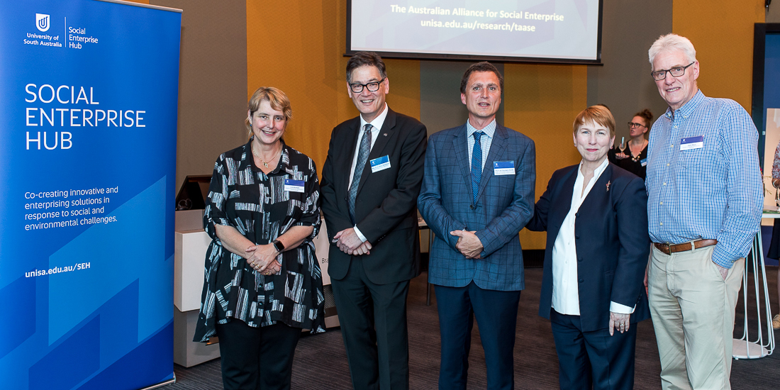 Adjunct industry professors Lois Boswell and Reverend Peter Sandeman, Director of The Australian Alliance for Social Enterprise Professor Ian Goodwin-Smith, Pro Vice Chancellor for Business and Law Professor Marie Wilson and Centacare Director Dale West at the launch of the UniSA Social Enterprise Hub.