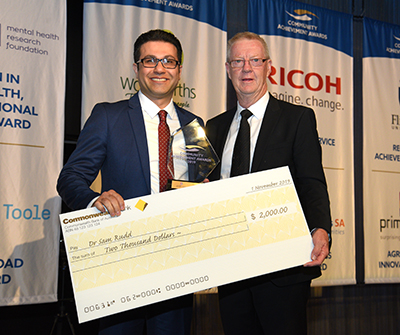 Prime Super Agricultural Innovation Award - Dr Sam Rudd – WINNER.jpg Caption: Dr Sam Rudd has receives the Prime Super Agricultural Innovation Award at the 2019 Community Achievement Awards from Prime Super Regional Manager – SA Chris Pole. 