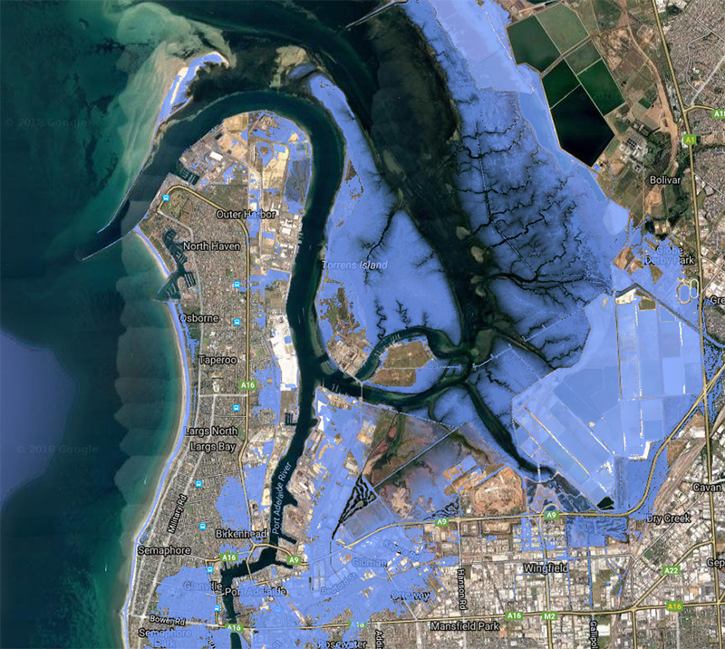 Port Adelaide flood map: The blue represents the areas prone to flooding in the year 2100, based on current high tide levels plus 74cms of sea level rise.