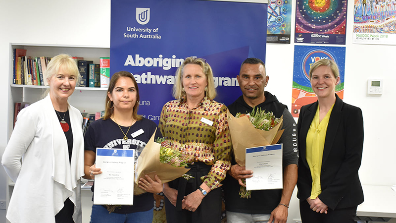 Pictured (from left) are Head of UniSA College Sharron King, Mia Haseldine, Regional Tutor Barbie Clutterbuck, Wayne Betts and Program Director Tanya Weiler.