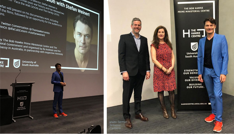 Pictured is Weinert during the discussion and (from left) Jens Hoch, Head of Culture and Press Section, Embassy of the Federal Republic of Germany; Jacinta Thompson, Executive Director & Events and Exhibitions Producer, The Bob Hawke Prime Ministerial Centre; and Stefan Weinert.