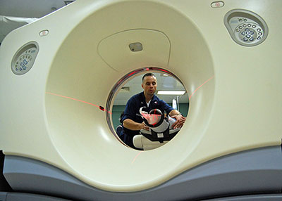 A patient undergoes whole body computed tomography (WBCT).