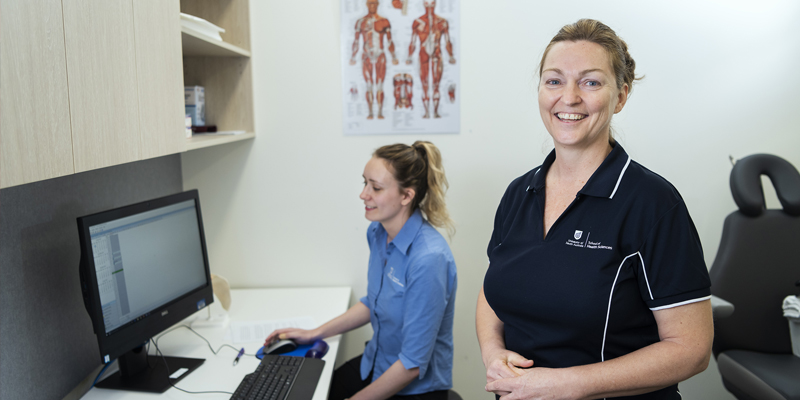 A number of UniSA’s health clinics have introduced a new online telehealth platform. Pictured are lecturer Dr Kristin Graham with student Rachel Vale. During telehealth consultations, students and clinical educators will be in separate rooms.