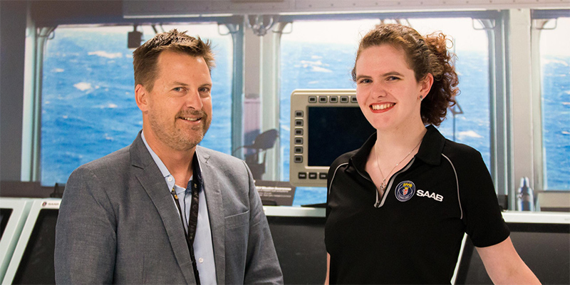 UniSA graduate Nicole Carter with Saab Adelaide Head of Discipline Software Geoff Stephens.