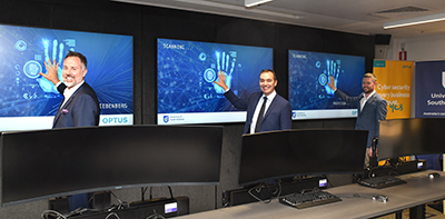 Optus Business vice president for product innovation Deon Liebenberg with Premier Steven Marshall and UniSA Vice Chancellor Professor David Lloyd at the launch. Photo by Catherine Leo