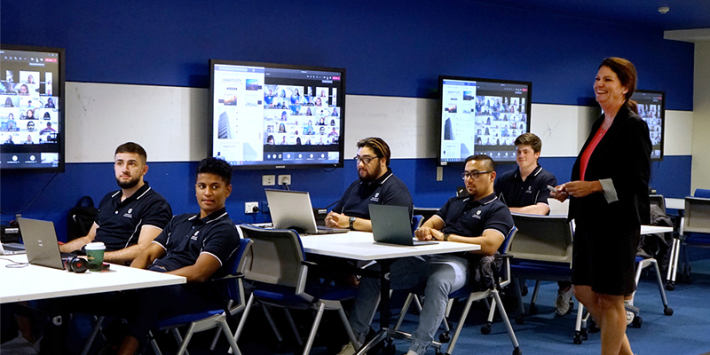 UniSA STEM Program Director Debbie Frisby with UniSA construction management and civil engineering students taking part in a Virtual International Experience.