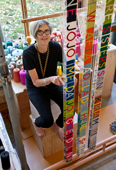 Emeritus Professor Kay Lawrence weaving a tapestry that was included as part of the Women’s Wealth project for the 9th Asia Pacific Triennial in 2018 in Brisbane.