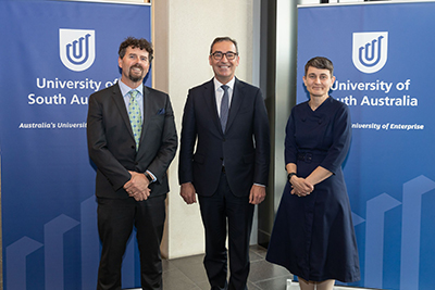 (L-R) Professor David Lancaster, Steven Marshall Premier of South Australia and UniSA Deputy Vice Chancellor: Research and Enterprise Professor Marnie Hughes-Warrington