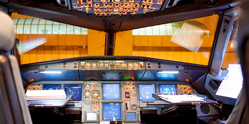 The flight deck of an Airbus 320 jetliner.