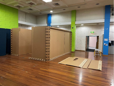 Life-size mock-up rooms of Adelaide's new Woman's and children's Hospital made out of cardboard