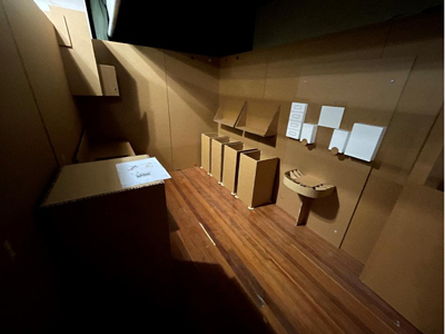 Life-size mock-up rooms of Adelaide's new Woman's and children's Hospital made out of cardboard. 3