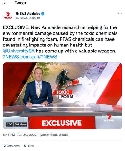7NEWS ADELAIDE tweet with video about how PFAS can be removed from contaminated water by Australian native rushes