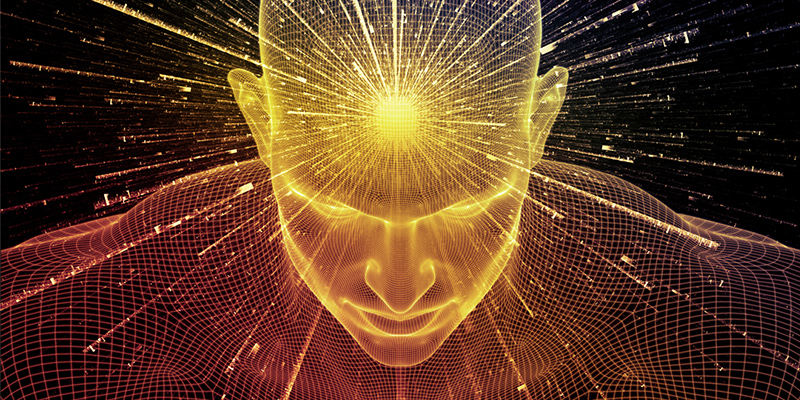 Composition of human face wire-frame and fractal elements with metaphorical relationship to mind, reason, thought, mental powers and mystic consciousness