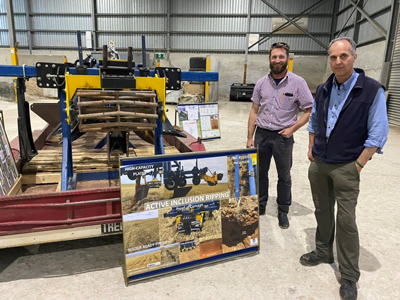 Jack Desbiolles and Chris Saunders with the deep ripping display trailer at a recent field event.