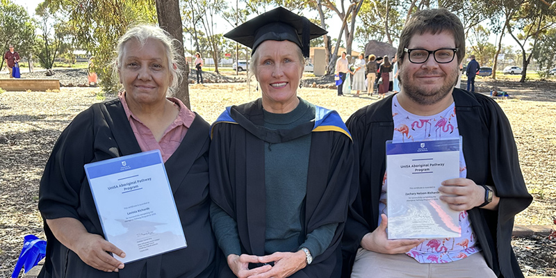 Lavinia ‘Lovie’ Richards, left, with APP Program Regional Tutor Barbie Clutterbuck and Zac Nelson-Richards. Photo by Lauren Shivvaan.