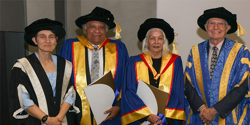 UniSA Deputy Vice Chancellor Professor Marnie Hughes-Warrington, Professor Tom Calma, Prof Dr Marcia Langton and Deputy Chancellor John Hill at the Honorary Doctorate ceremony.