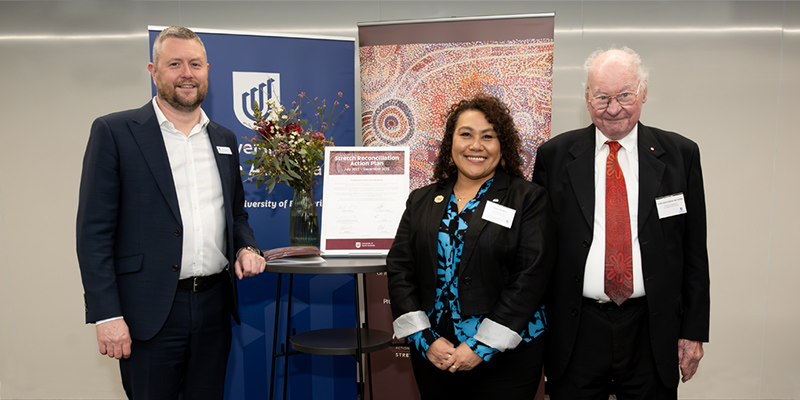 UniSA Vice Chancellor Professor David Lloyd, Reconciliation Australia CEO Karen Mundine, and Uncle Lewis Yarlupurka O&rsquo;Brien AO at the launch of the UniSA 2023-2025 Stretch RAP.